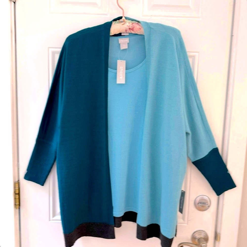 Chico's Woman Cardigan SET. Blue Color Block Women's Sweater Set, NWT, S/M - Picture 4 of 16